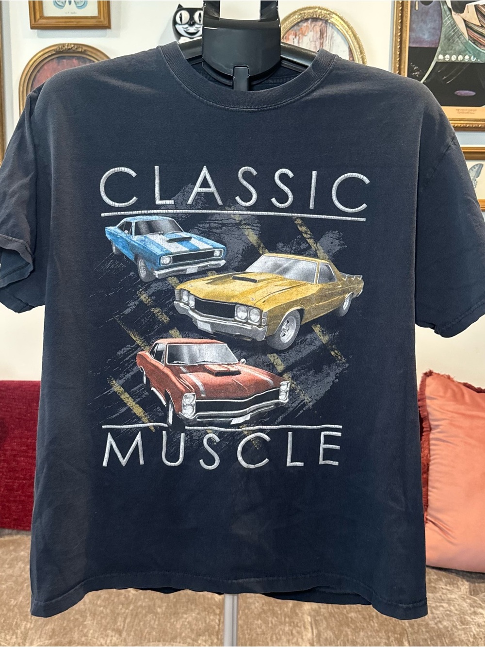Vintage Classic Muscle Graphic Tee - Black with Blue, Yellow & Red Car Prints